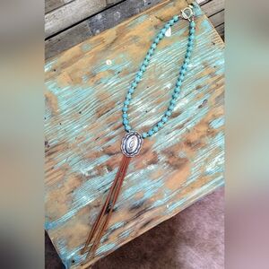 Handcrafted Beaded Turquoise Color Stone & Silver Seed Beads W Etched Concho